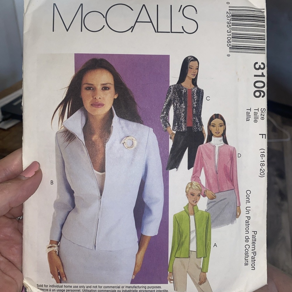 Uncut McCall's Sewing Pattern # 3106 Misses' Short Lined Jackets Size 16-20